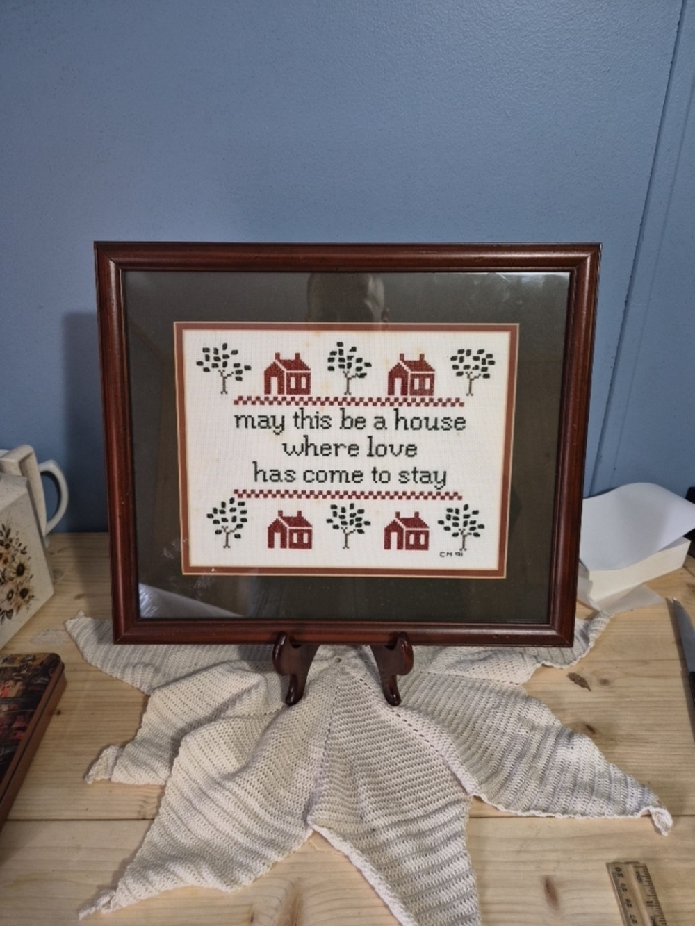 Vintage Cross-Stitch Sampler Embroidery House Wood Frame Glass 15x13